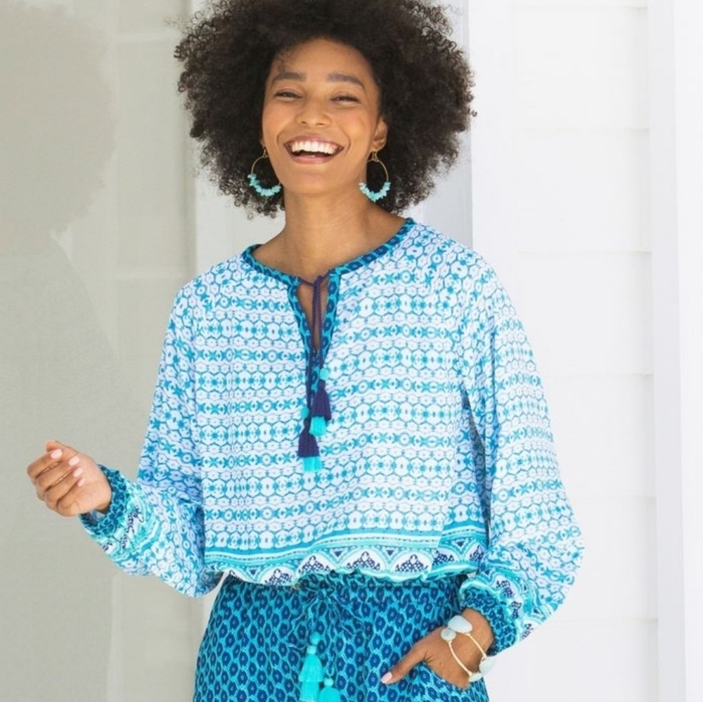 {Cabana Life} Aruba Blues Tassel Blouse - Size Large